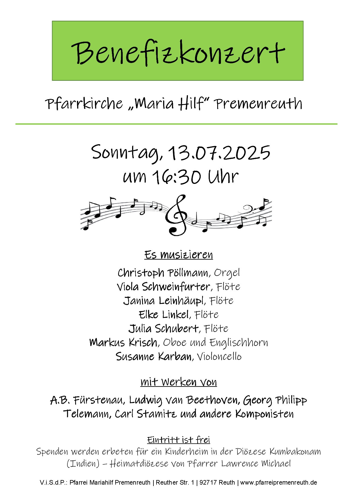 Benefizkonzert am 13.07.2025 um 16:30 Uhr in der Kirche Premenreuth